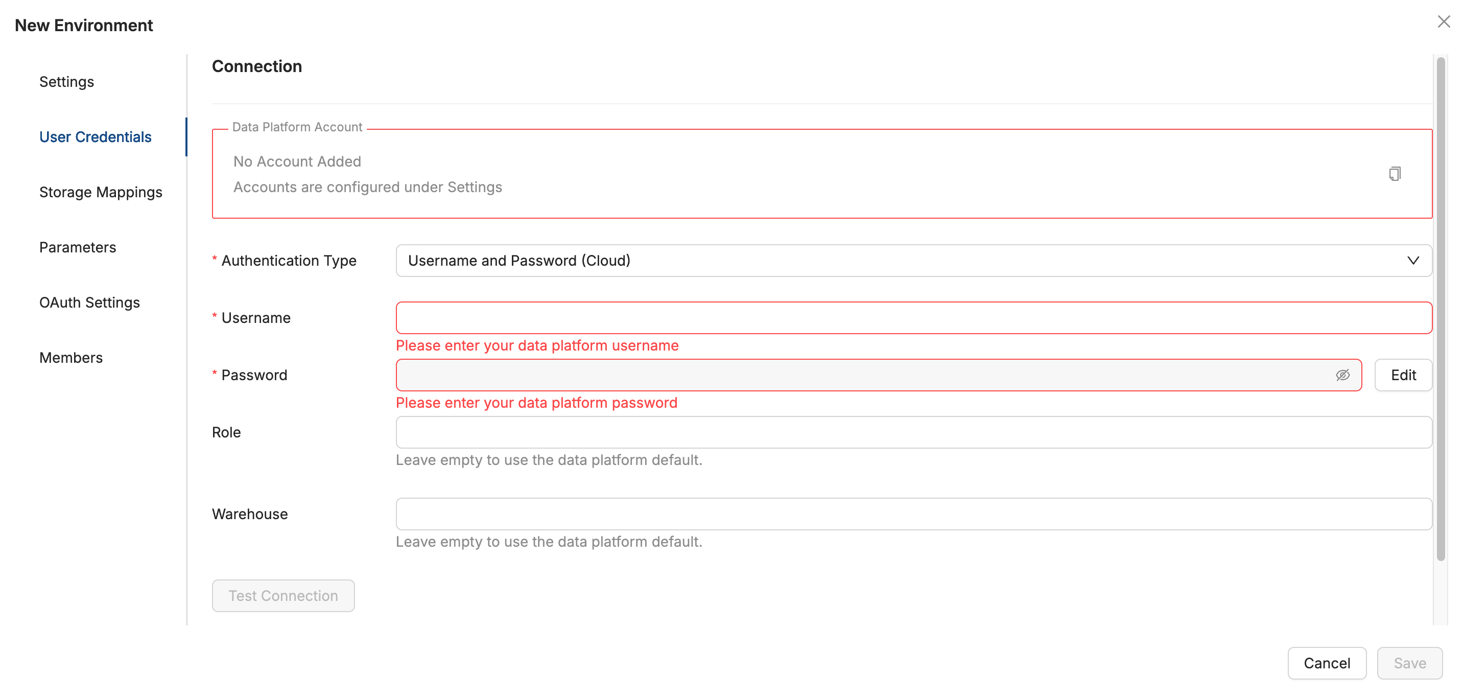 Workspace Settings dialog showing Connection configuration for Documentation Testing with User Credentials selected. Displays Snowflake Account information with filled username, masked password, SYSADMIN role, and COMPUTE_WH warehouse settings. Help text indicates optional fields can use defaults. Cancel and Save buttons appear at bottom.