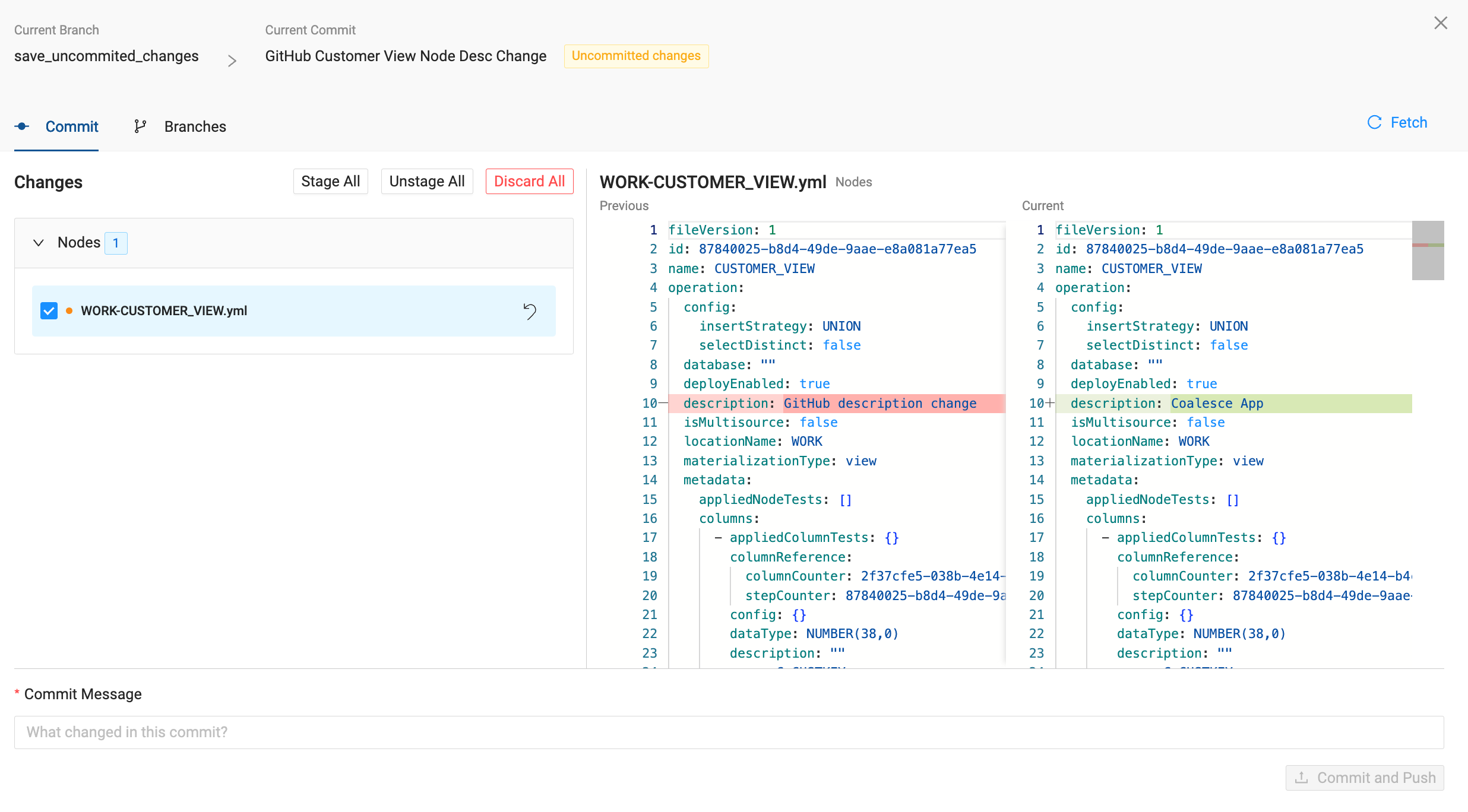 The image displays a code diff within a user interface. The code diff is a visual representation of the alterations to a yaml file, with a focus on the description field. The description has been updated from GitHub description change to Coalesce App.