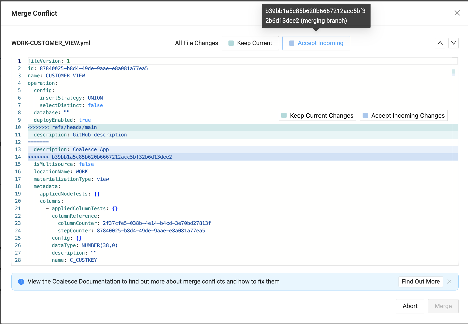 A merge conflict in a YAML file named WORK-CUSTOMER_VIEW.yml. The user is presented with options to either keep current changes or accept incoming changes to resolve the conflict