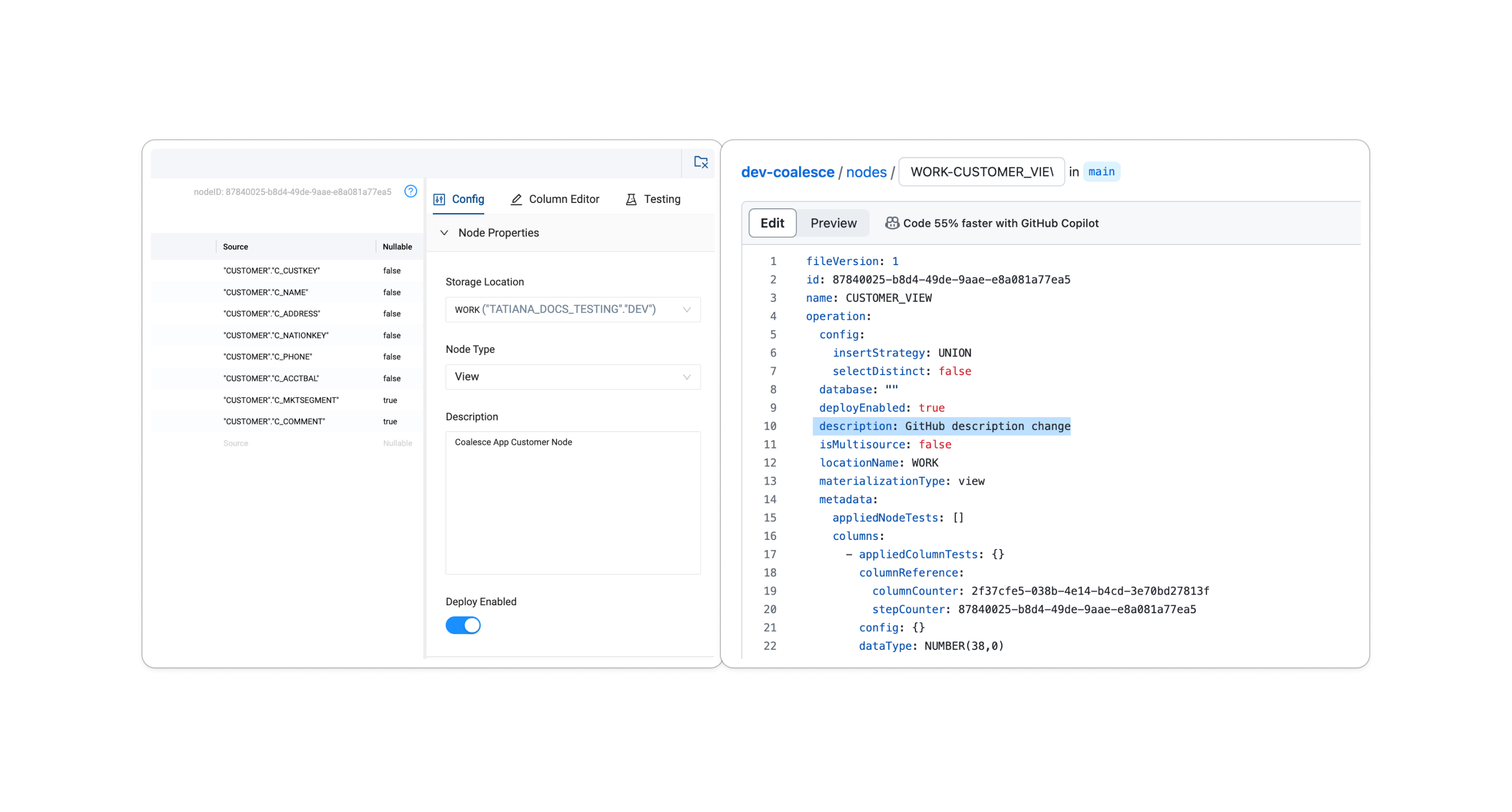 On one side are the node properties in Coalesce showing the description as Coalesce App Customer Node. The other side is the same node in GitHub with the description as GitHub description change.