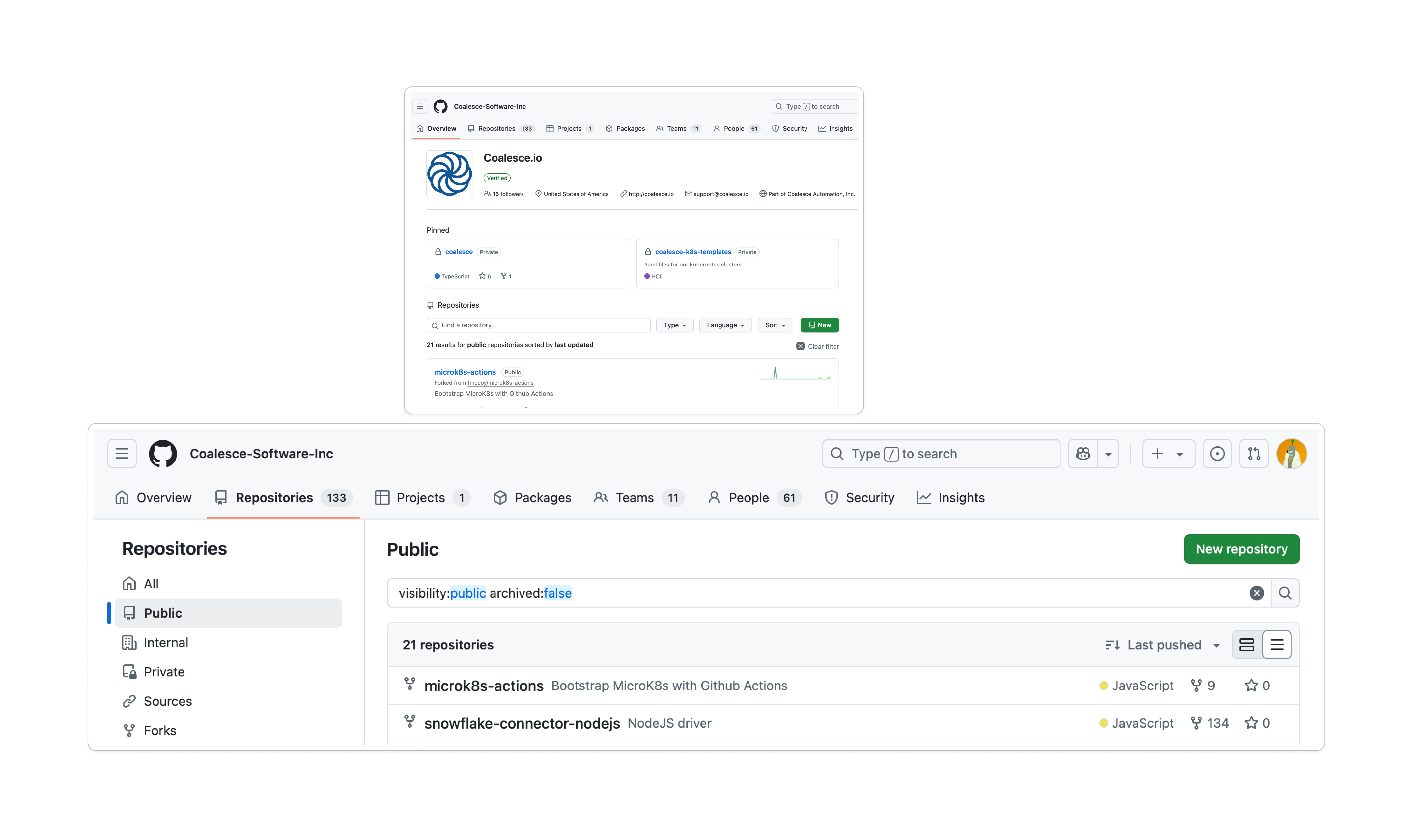 The image shows the GitHub organization page for Coalesce-Software-Inc, displaying their public repositories section. The page includes navigation tabs, repository listings with two visible repositories (microk8s-actions and snowflake-connector-nodejs), and organization statistics showing 133 repositories, 1 project, and 11 teams.