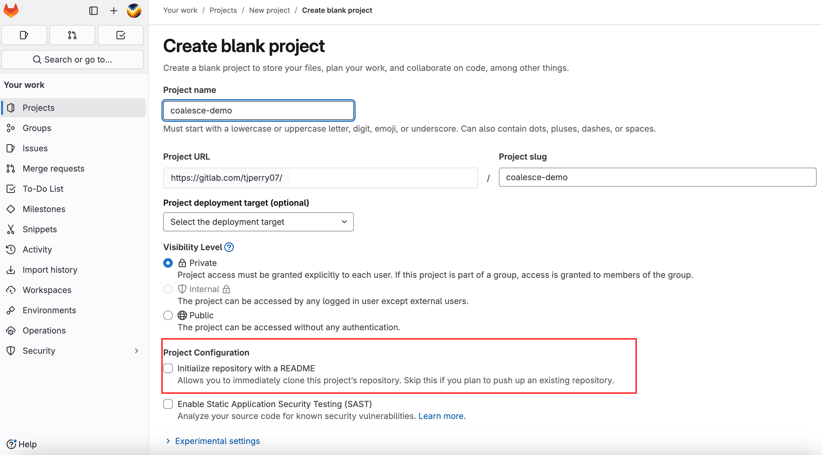 A GitLab interface showing the "Create blank project" form with "coalesce-demo" entered as the project name. The form includes fields for project URL, slug, deployment target, visibility level (with Private selected), and project configuration options with a highlighted section about initializing the repository with a Read e.