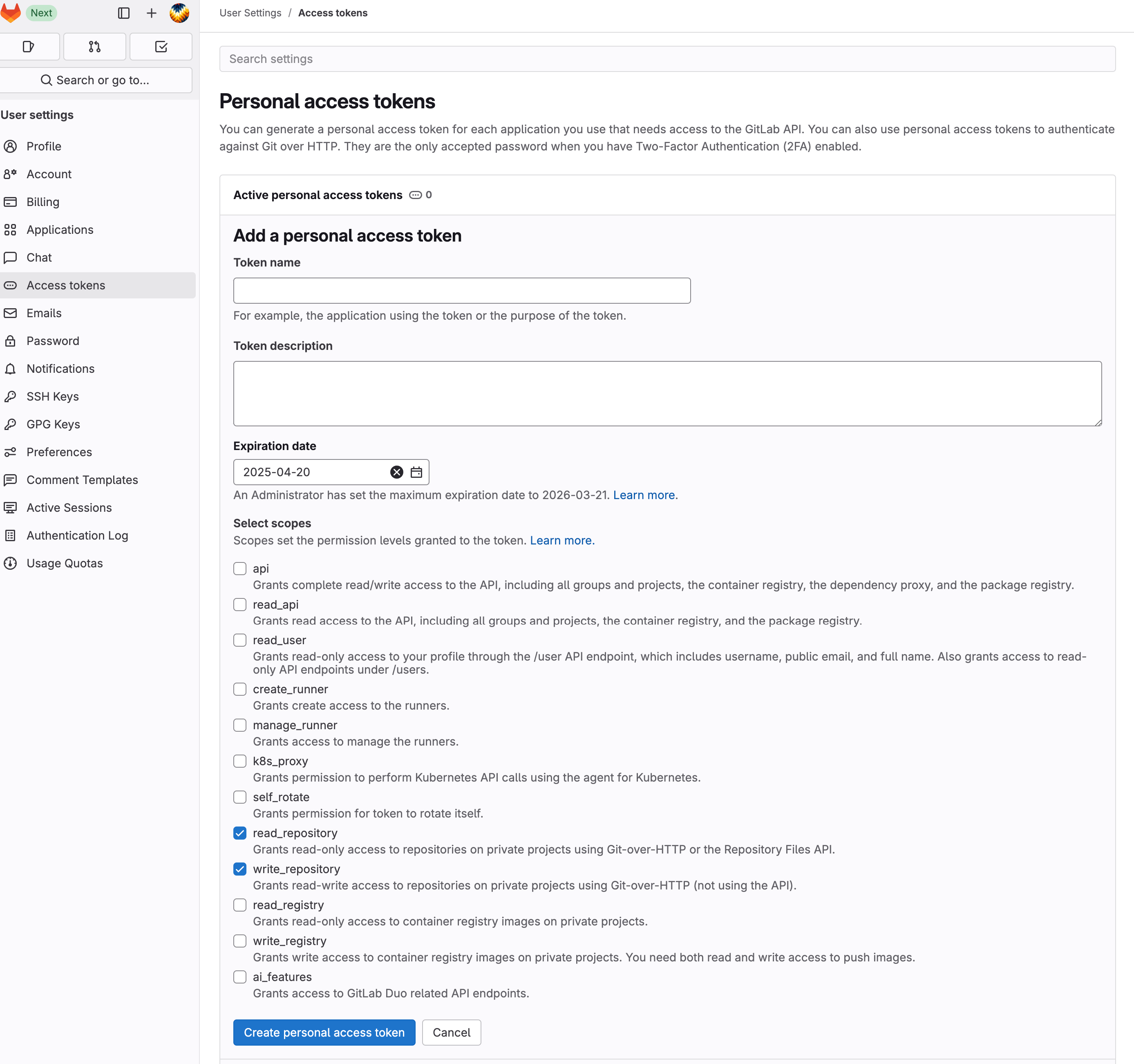 A GitLab page showing the form to add a personal access token. The form includes fields for token name, description, expiration date, and scope selection options. The read_repository and write_repository permissions are checked, with create and cancel buttons at the bottom.