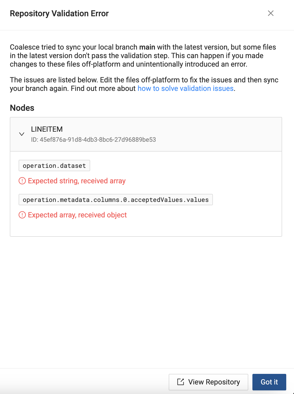 A validation error showing an object when an array is expected