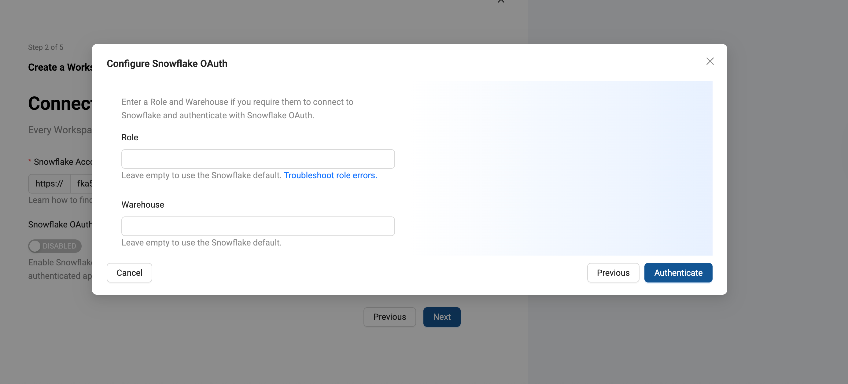 A screenshot of a modal window for configuring Snowflake OAuth. The form provides optional fields for the user to enter a default **Role** and **Warehouse** for the connection. An 'Authenticate' button is present to finalize the setup.