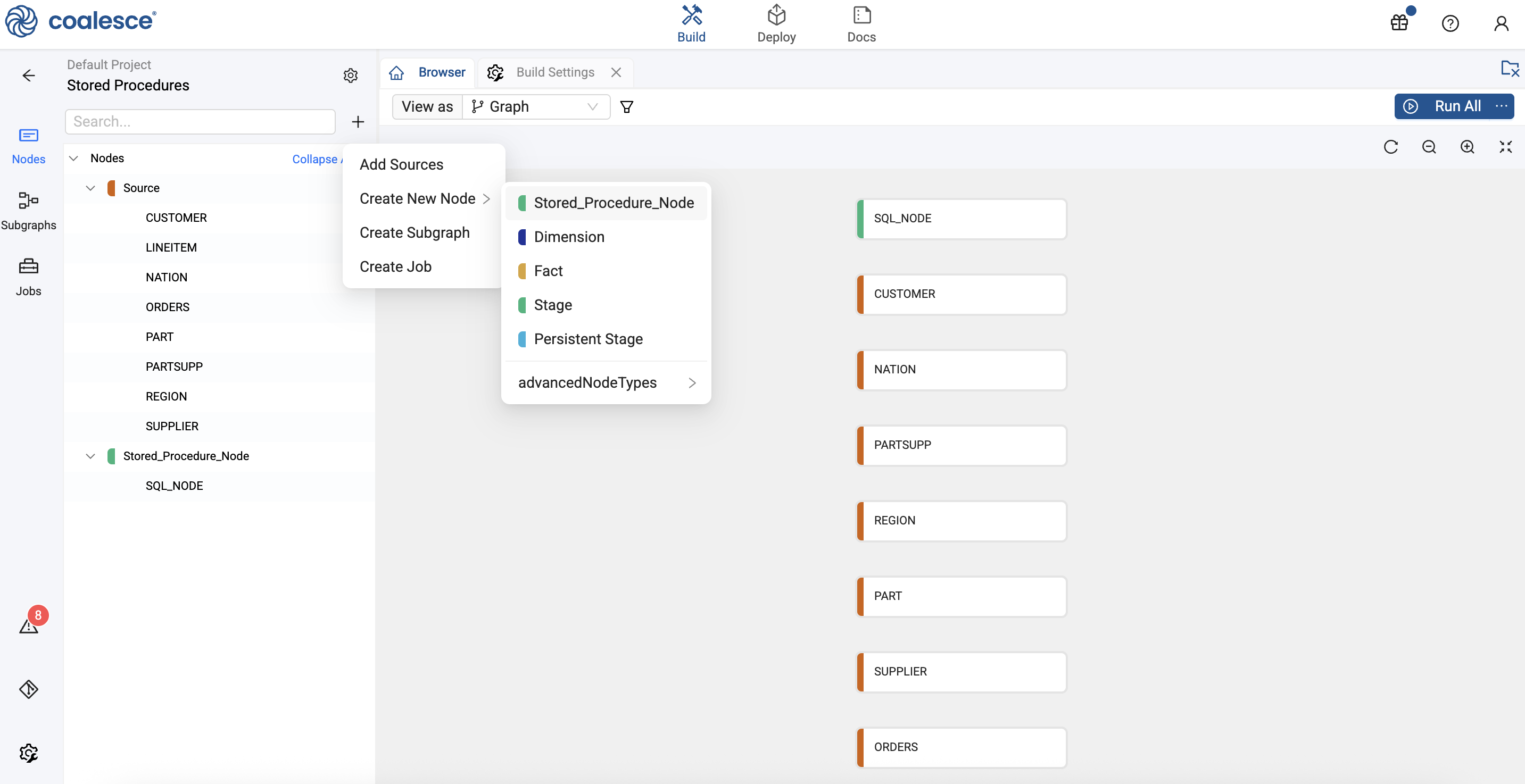 A user navigating the Coalesce platform menu to create a new node such as a Stored Procedure Dimension or Fact node in a data project.