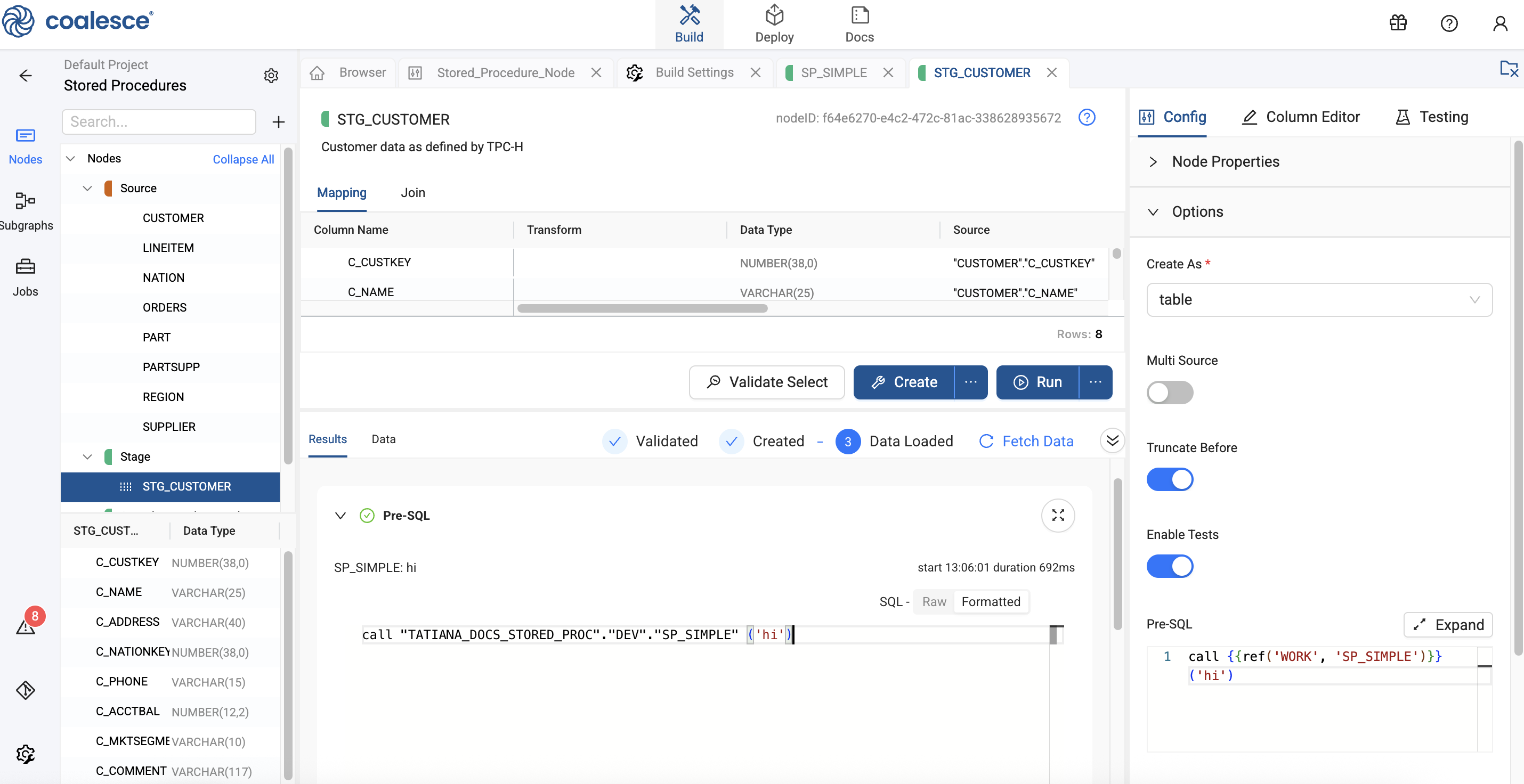 This Coalesce interface shows a user running a staging node called STG CUSTOMER which is configured to execute a stored procedure as a preliminary step. The configuration pane on the right shows the Pre SQL section where the procedure call is defined using a template. The results area in the main window displays the log from the successful execution of this Pre SQL command just before the main data transformation.