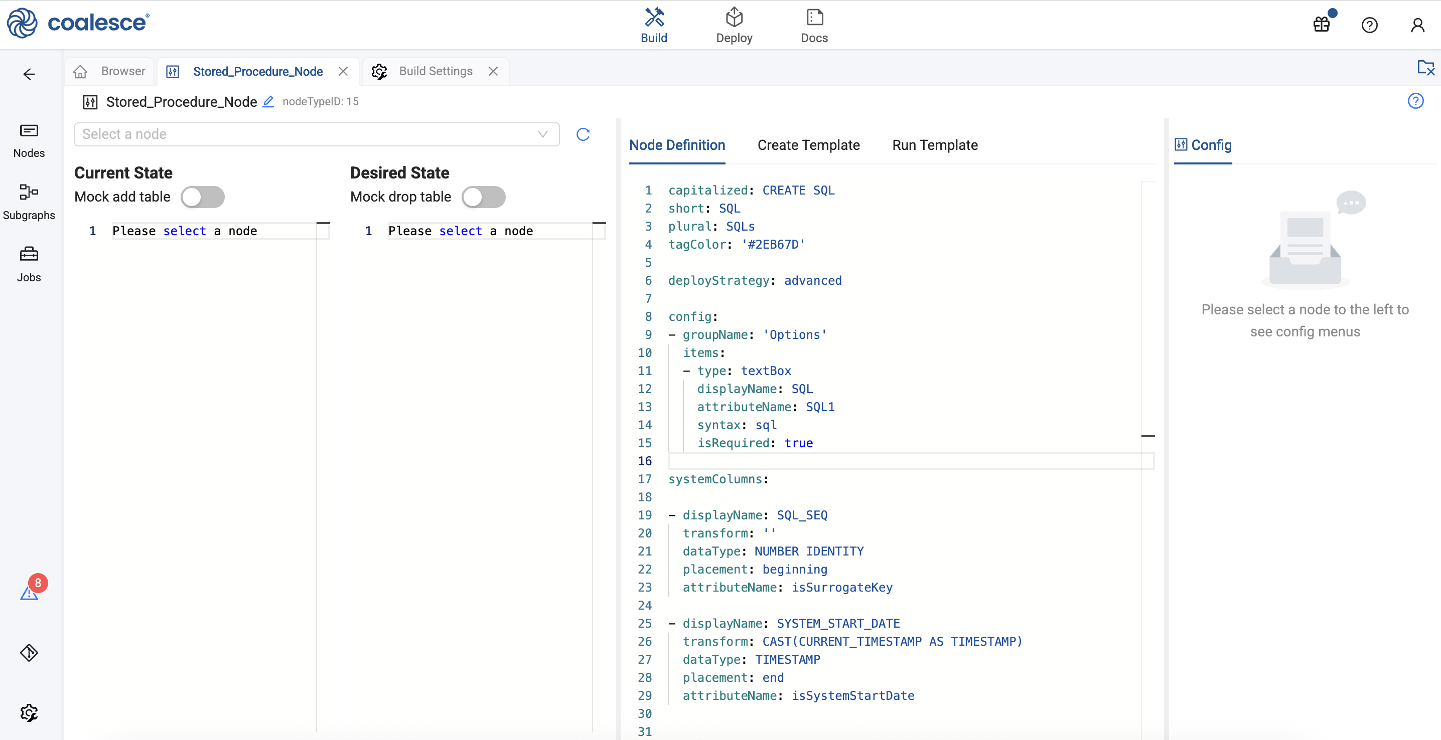 A screenshot of the Coalesce data platform showing the user interface for defining a stored procedure node using YAML code.
