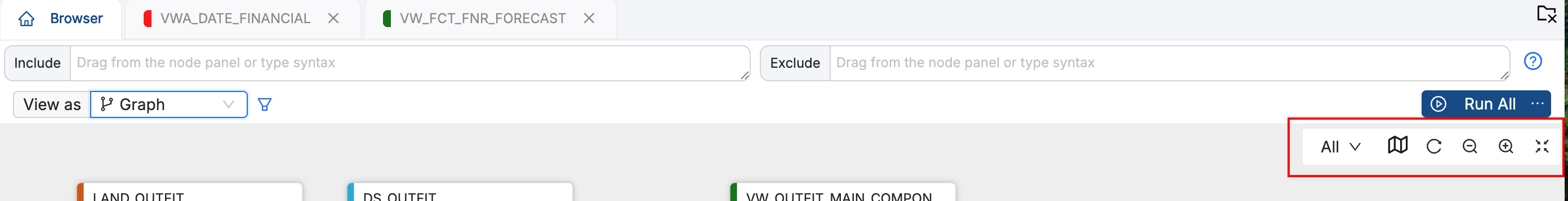 From left to right, an open circle with an arrow, magnifying glass with a line indicating zoom out, magnifying class with a plus indicating zoom in, and finally 4 arrows arranged in a square meaning full screen.
