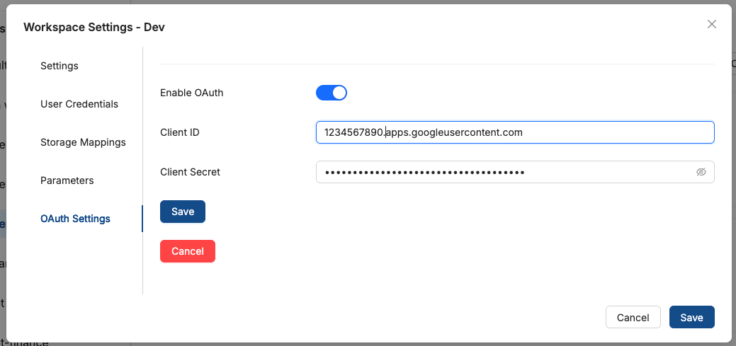 Workspace Settings OAuth tab with Google OAuth credentials configured and saved