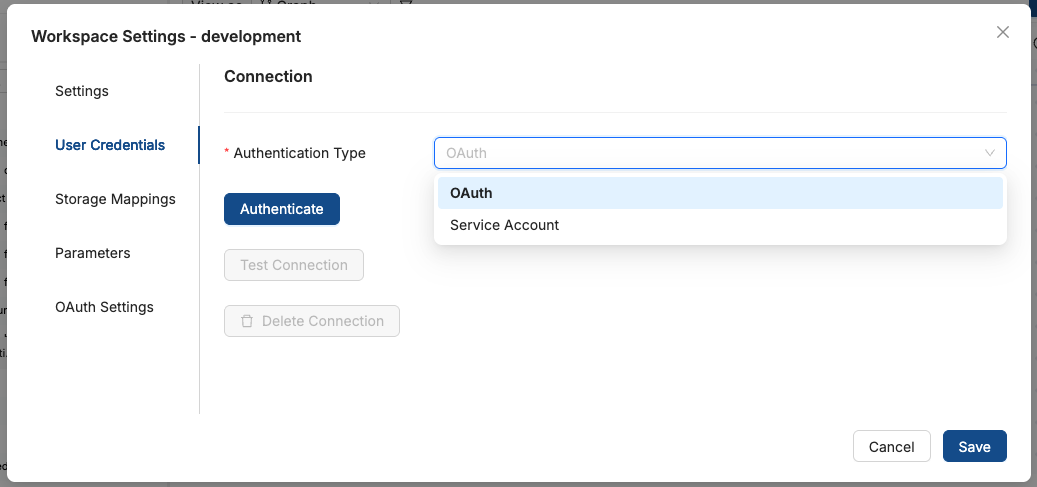 Build Settings Environments page with OAuth authentication and Test Connection button